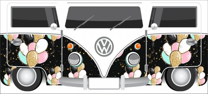 Mug design template: Black Kombi with colorful balloons, Volkswagen - Funny