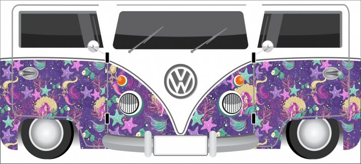 Mug design template: Purple Kombi with colorful patterns, Volkswagen - Funny