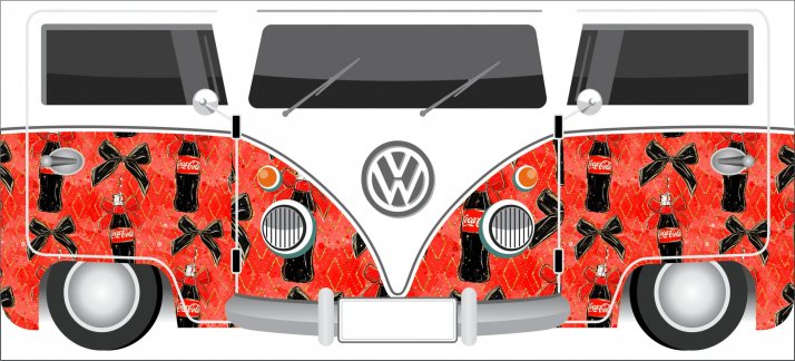 Mug design template: Red Kombi with Coca-Cola prints, Volkswagen - Funny